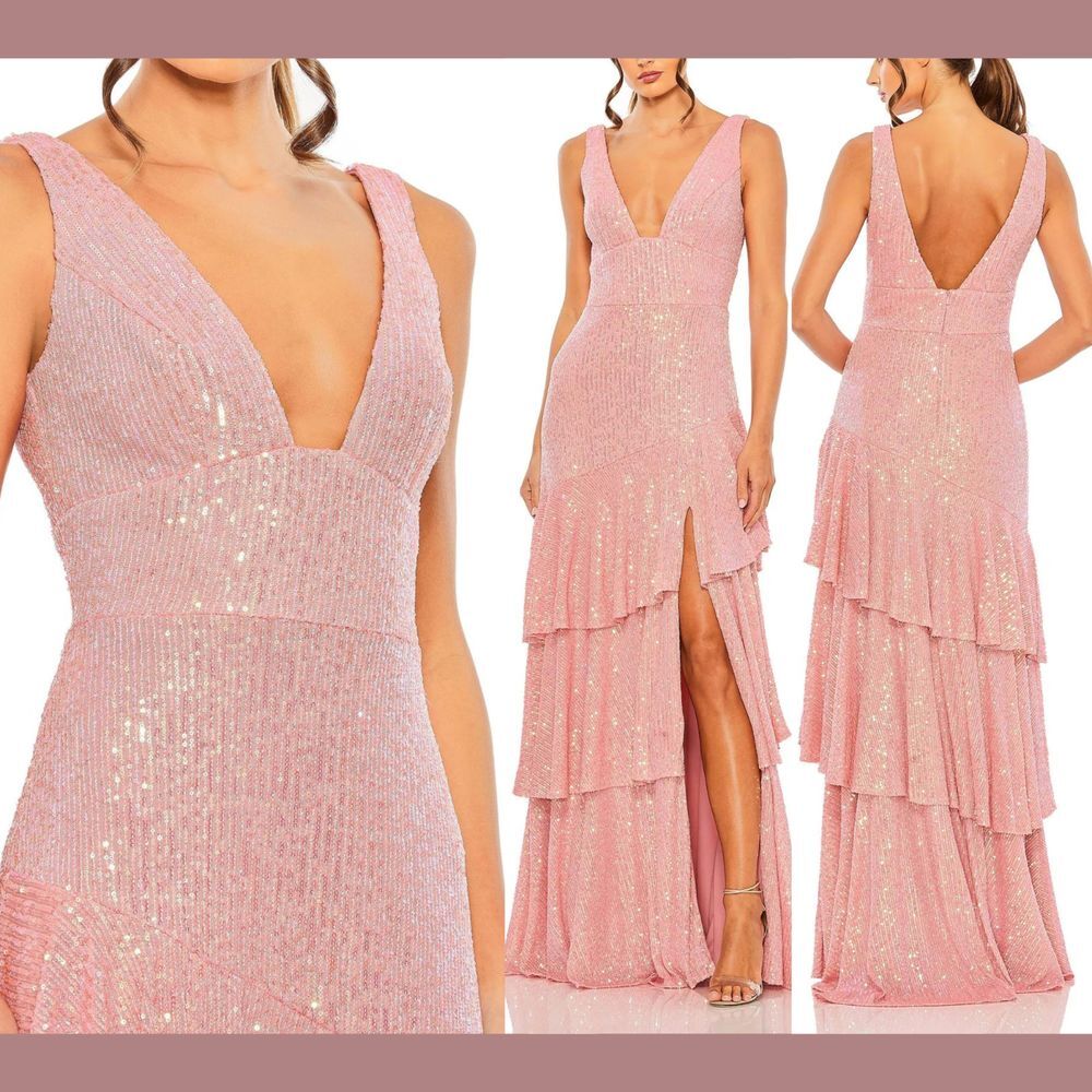 NWT IEENA Mac Duggal [ 14 ] Sequin Asymmetrical Ruffle Tiered Gown in Coral Q843